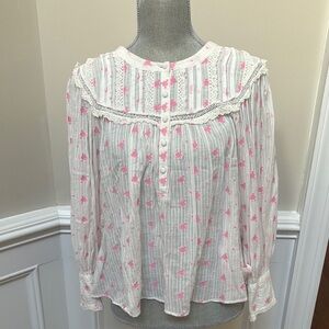 LoveShackFancy Pink Floral Lace Trim Blouse